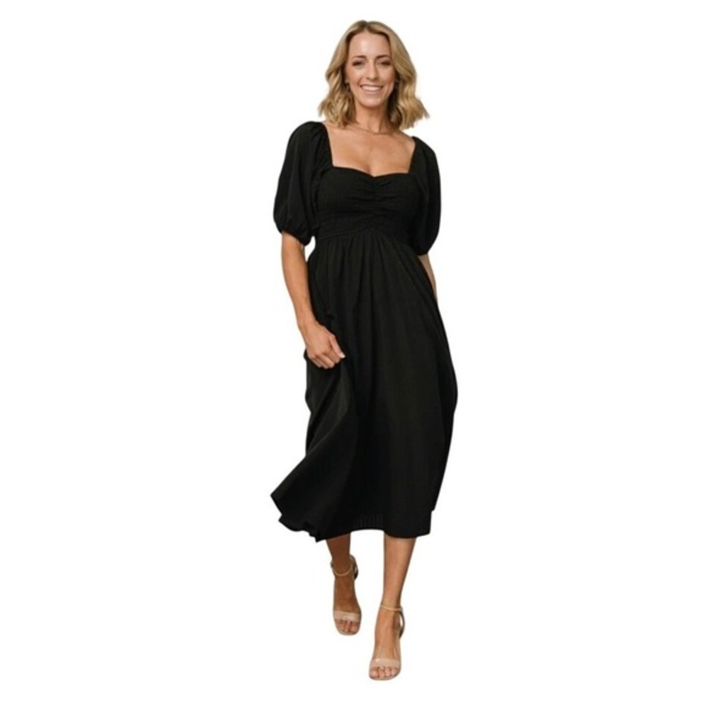 Baltic Born 1X Stefania Midi Dress Black Smocked Puff Sleeve Wedding Guest NEW
